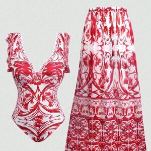 Swimsuit Set 16 (2XL) 2pcs Plus Size Women Red & White Print